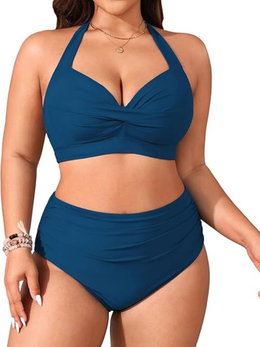 Tempt Me Blue 2 Piece High Waisted Bikini Halter Retro Push Up Swimsuit Size XXL